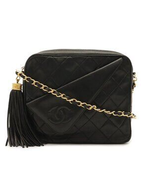 Chanel Quilted CC Logo Chain Shoulder Bag Fringe Tassel Leather Black Gold
